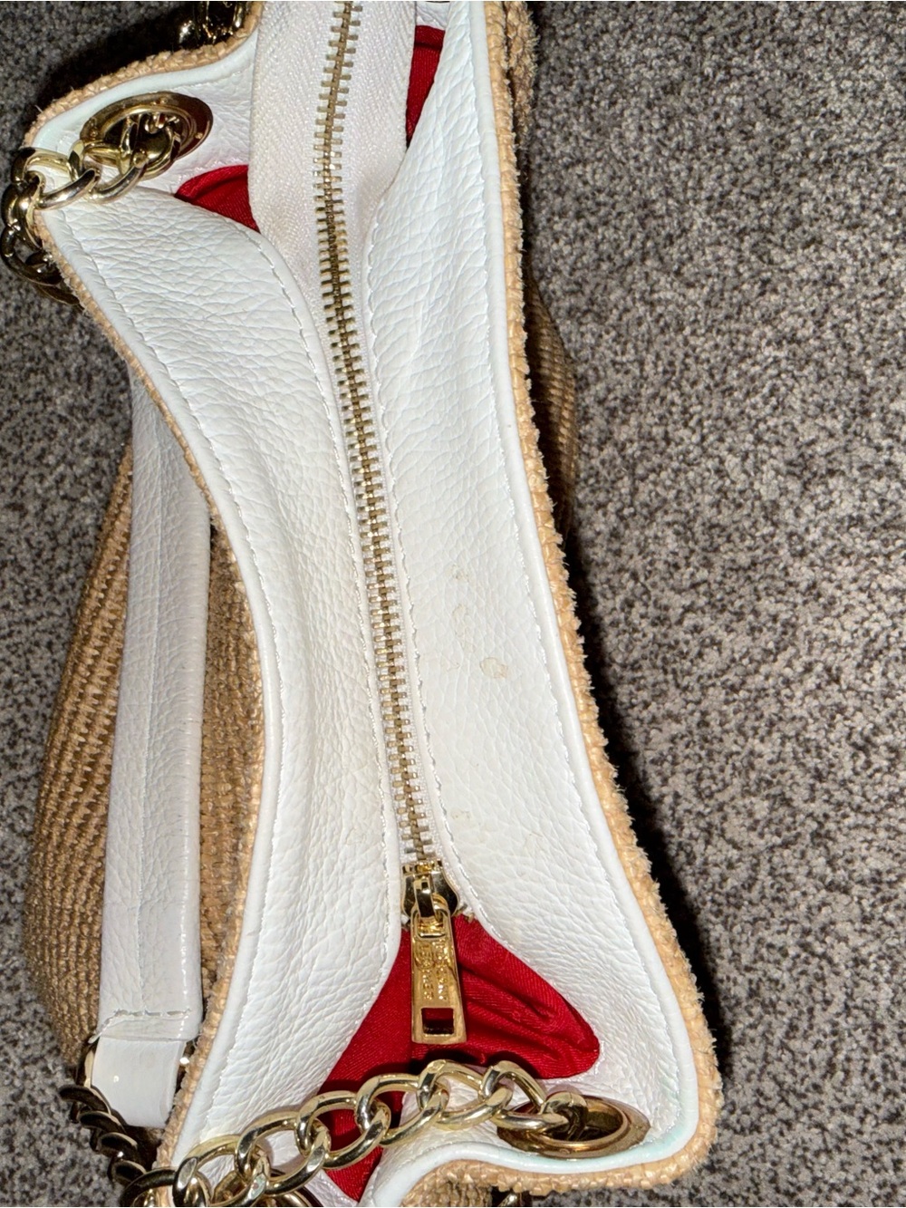 Tuscany Leather Woven Straw Bucket Bag with White Trim and Gold Chain Handle - Picture 5 of 6